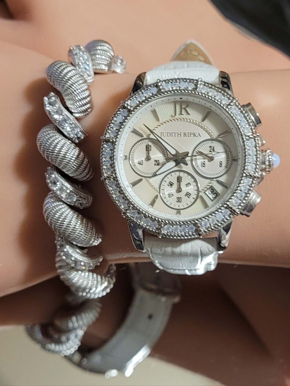 Judith Ripka White Crystal Bezel Chronograph Watch Embellished with Opals - Picture 4 of 17